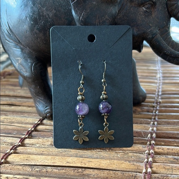 Purple Boho Amethyst Dangle Earrings – Flower Charm & Brass Tone (Gift-Ready) - Picture 1 of 1